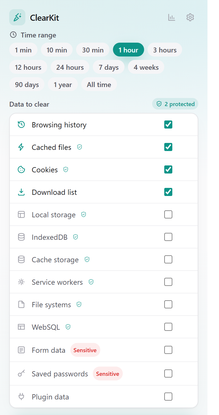Pick a time range and data types, then clear in one click