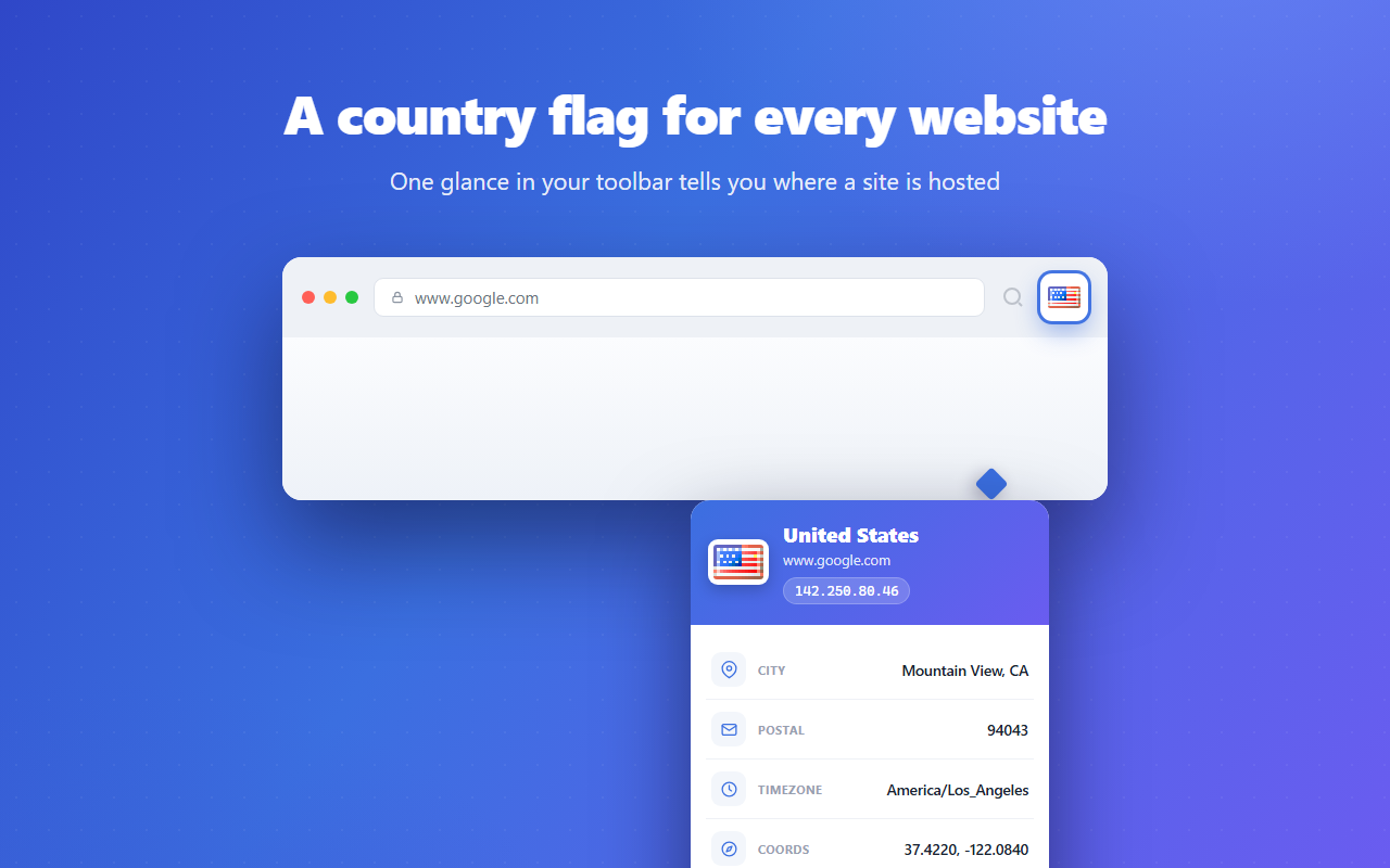 Country flag in the toolbar, updated as you browse