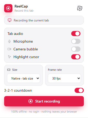 Pick a tab, size, mic & webcam — then hit record